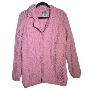 Arancraft Cardigan Sweater Pink Irish Cable Knit Chunky Ireland Wool Luxury